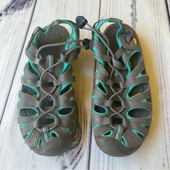 KEEN Whisper Hiking Water Sandals Grey/Peacock Green Bungee Lace Women's Size 7 - Picture 1 of 7